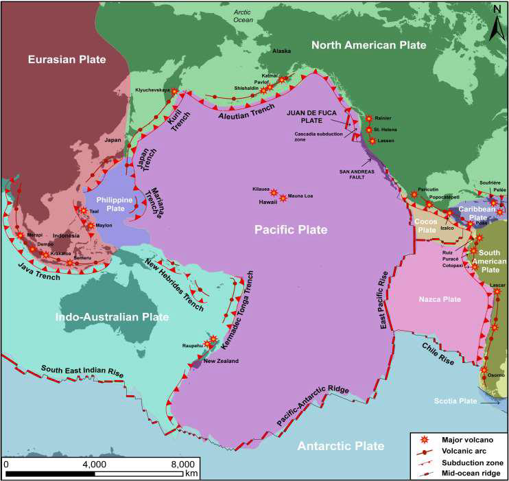 <p>Volcanoes lining Pacific subduction zones</p>