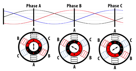 <ol><li><p>A = Squirrel cage rotor, B = Stator coils</p></li><li><p>They are separate AC currents out of phase by 120 degrees</p></li></ol><p></p>