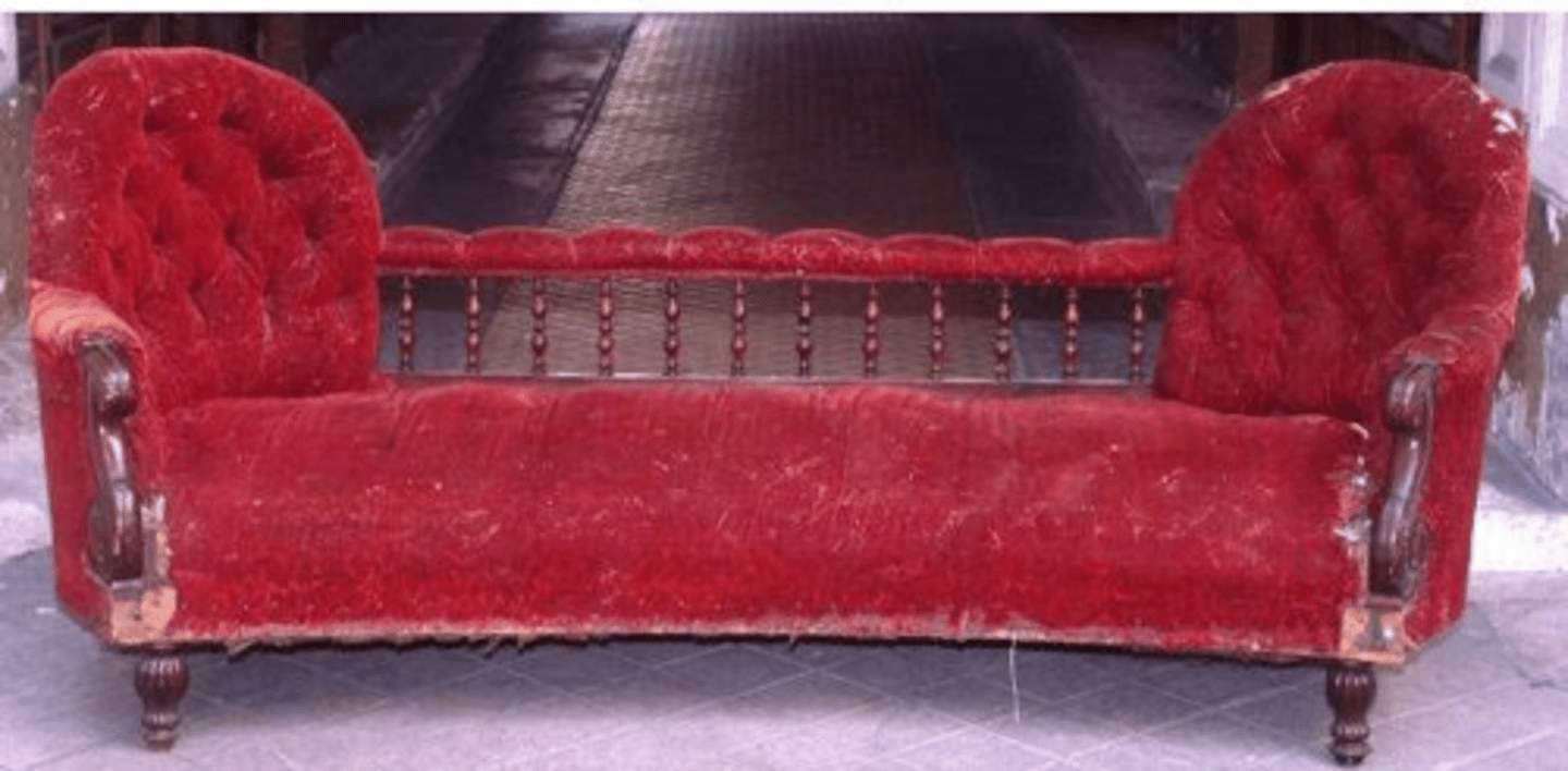 <p>French Empire</p><p>An upholstered settee; essentially two chairs pushed together and connected with a long bench in between that allowed young lovers to sit close together on the same sofa without never going as far as to touch</p>