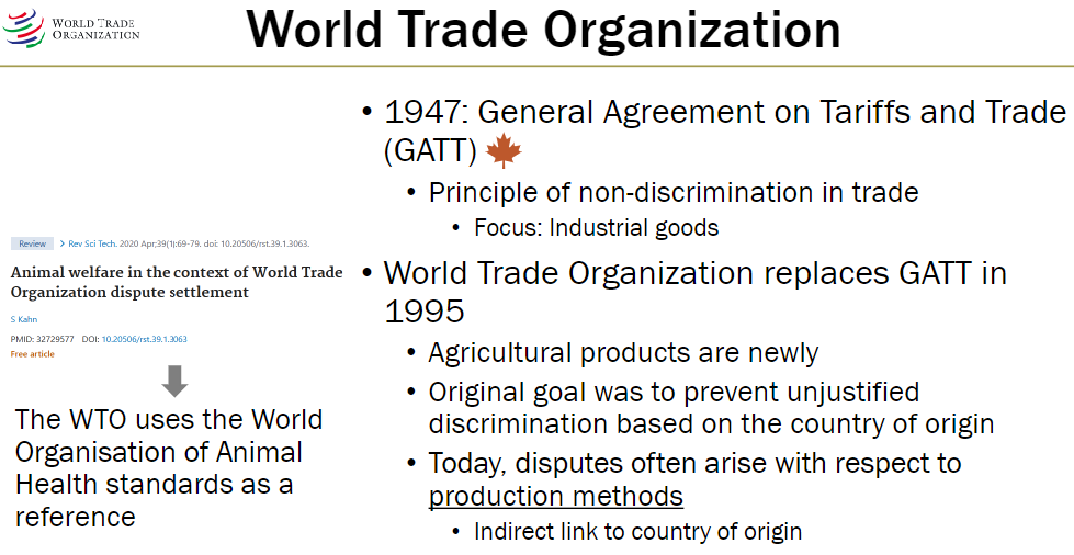 <p><strong>History</strong><br> 1947: General Agreement on Tariffs and Trade (GATT) – focused on industrial goods, principle of non-discrimination in trade<br> 1995: WTO replaces GATT and includes agricultural products</p><p><strong>Purpose</strong><br> Prevent unjustified discrimination based on country of origin</p><p><strong>Current Issues</strong><br> Disputes often involve production methods, which indirectly relate to country of origin</p><p><strong>Example</strong><br> Trade between EU and India – import across borders</p>