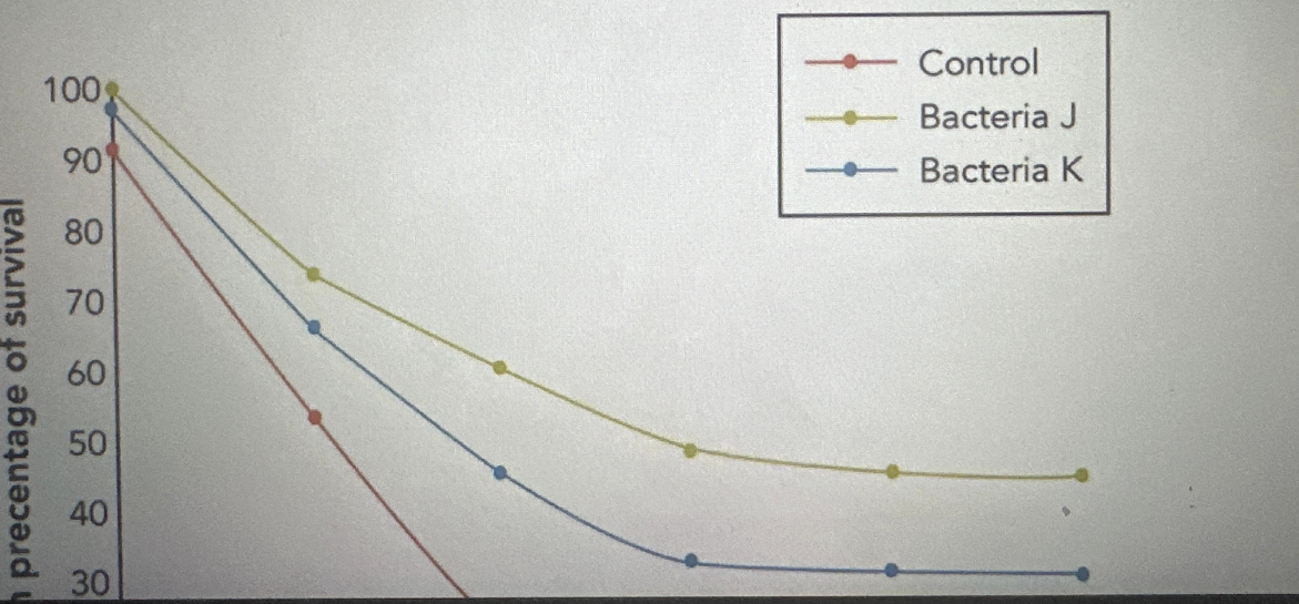 <p>A research group examined whether the presence of different gut bacteria affected the ability of honeybees to survive a pathogen. Following pathogen infection, the honeybees were treated with either Bacteria J or Bacteria K. For a control, some honeybees had no bacterial treatment after pathogen infection. Based on the graph, which of the following is a possible conclusion of the results?&nbsp;</p>