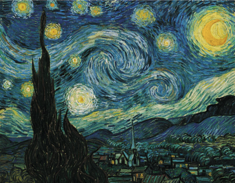<p>oil on canvas, MET</p><p>very emotional</p><p>sky is turbid, turbulent</p><p>his vision of the sky with an intense radiating energy </p><p>not a calm night, but a violent burst of light and energy</p><p>below a small town is sleeping peacefully</p><p>cypress tree in foreground and seen in cemeteries</p>