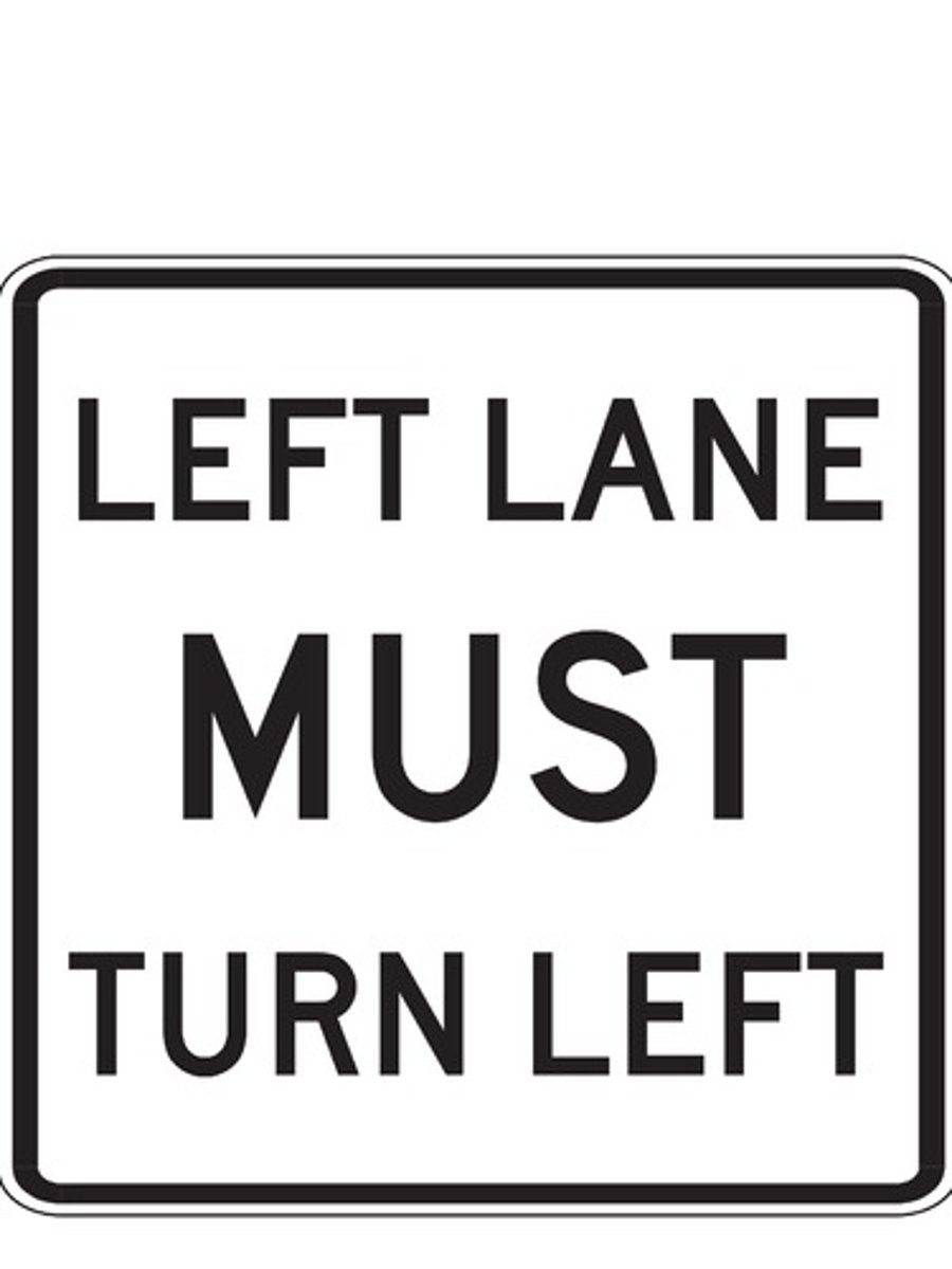 <p>Drivers in the left lane must turn</p><p>left at the indicated intersection.</p>