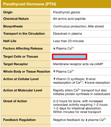 <p>What are the target cells or tissues of the parathyroid hormone (PTH)?</p>