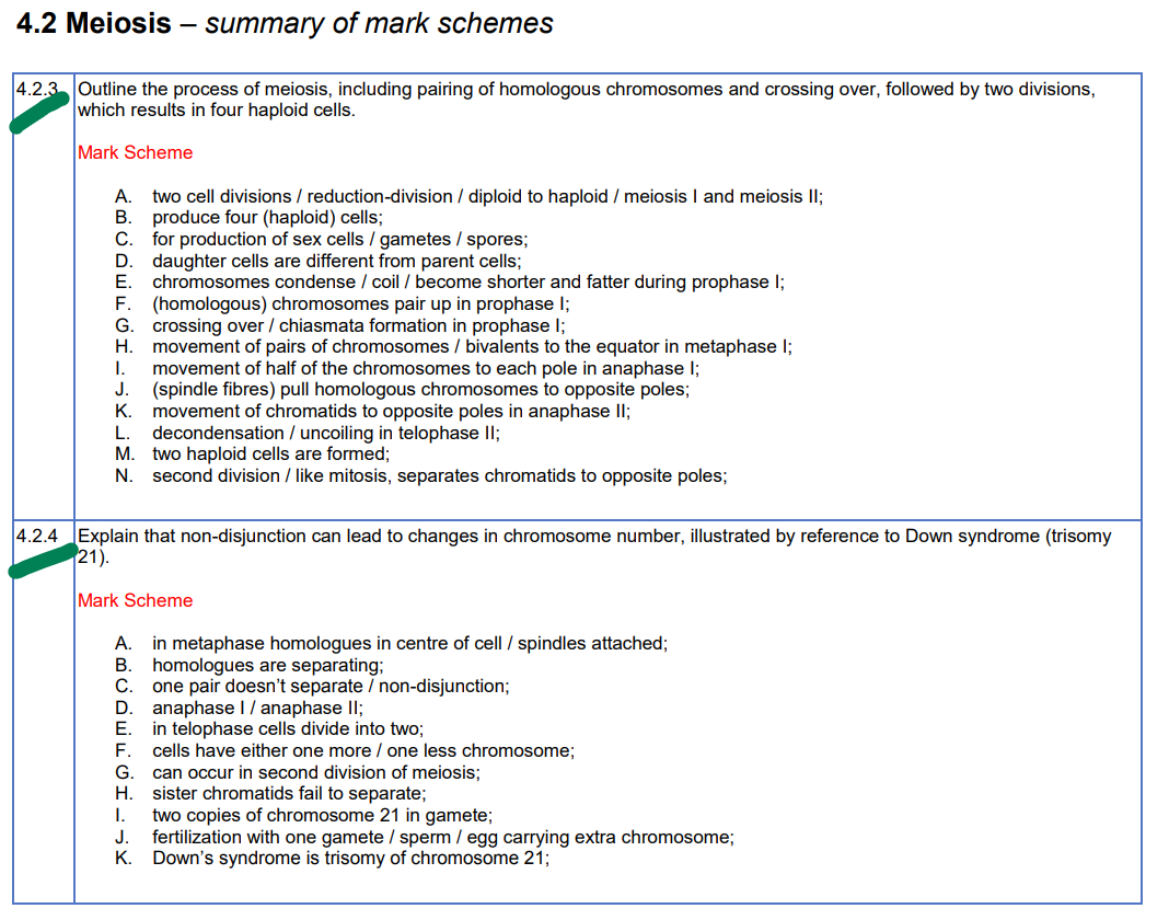 <p>Interphase: The cell replicates chromosomes and and organelles</p><p>Meosis 1: Separation of homologous chromosomes</p><ul><li><p>Phrophase 1: The chromosomes condense and become visible. Homologous chromosomes link together to form chiasmata, crossing over takes place - exchanging alleles between the homologous chromosomes. Nuclear membrane breaks down, and centrioles move to opposite poles of the cell, commencing spindle fibers.</p></li><li><p>Metaphase 1: Pairs of Homologous chromosomes line at the equator of the cell [Independent segregation]</p></li><li><p>Anaphase 1: Spindle fibres contract (shorten) spindle fibres move to opposite sides of the cell.</p></li><li><p>Teleophase 1: The chromosomes reached to opposite poles of the cell, and condenses back to chromatin. Also, nuclear membrane reformed.</p></li><li><p>Cytokensis: Forming haploid cells that are not genetically identical.</p></li></ul><p>Meosis 2: Separation of Sister chromatids</p><ul><li><p>Phrophase 2: Chromosomes condense to become visible, nuclear membrane breaks down, spindle fibres form [No crossing over]</p></li><li><p>Metaphase 2: Chromosomes line up at equator [Independent segregation does not occur]</p></li><li><p>Anaphase 2: Centromere of each chromosomes divides, spindle fibres shorten. Chromatid pulled to opposite poles of the cell.</p></li><li><p>Teleophase 2: The chromatids reach the opposite poles of the cell and condenses back to chromatin, and membrane formed</p></li><li><p>Cytokenesis: Forming 4 genetically different haploid cells</p></li></ul><p></p>
