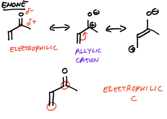 <p>Yes</p><ol><li><p>There’s electronegativity difference</p></li><li><p>The electrons in the double bond can move across and help delocalise that positive charge</p></li></ol><p>The electrophilic positions are carbonyl C and the other place due to allylic cation. Nucleophiles can attack 1 or the other.</p><p></p>