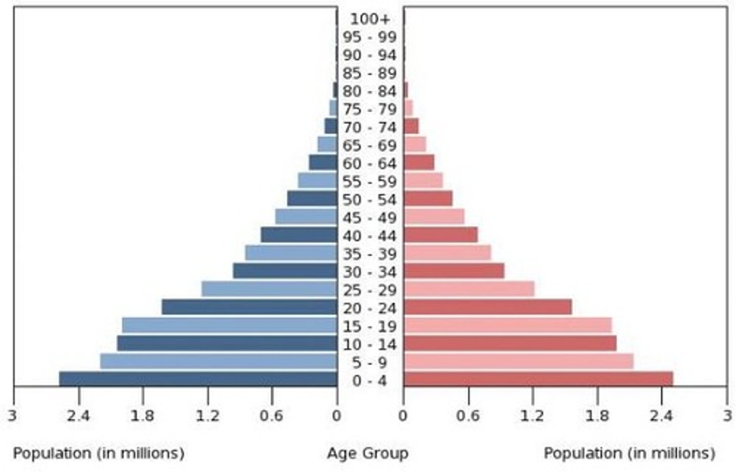 <p>A large base implies high birth rates. Cohorts don't begin to rapidly drop off until the age of 20 implying poor but improving healthcare (medical revolution).</p>