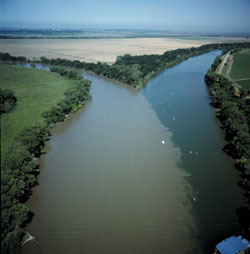 <p>The point at which 2 rivers meet.</p>