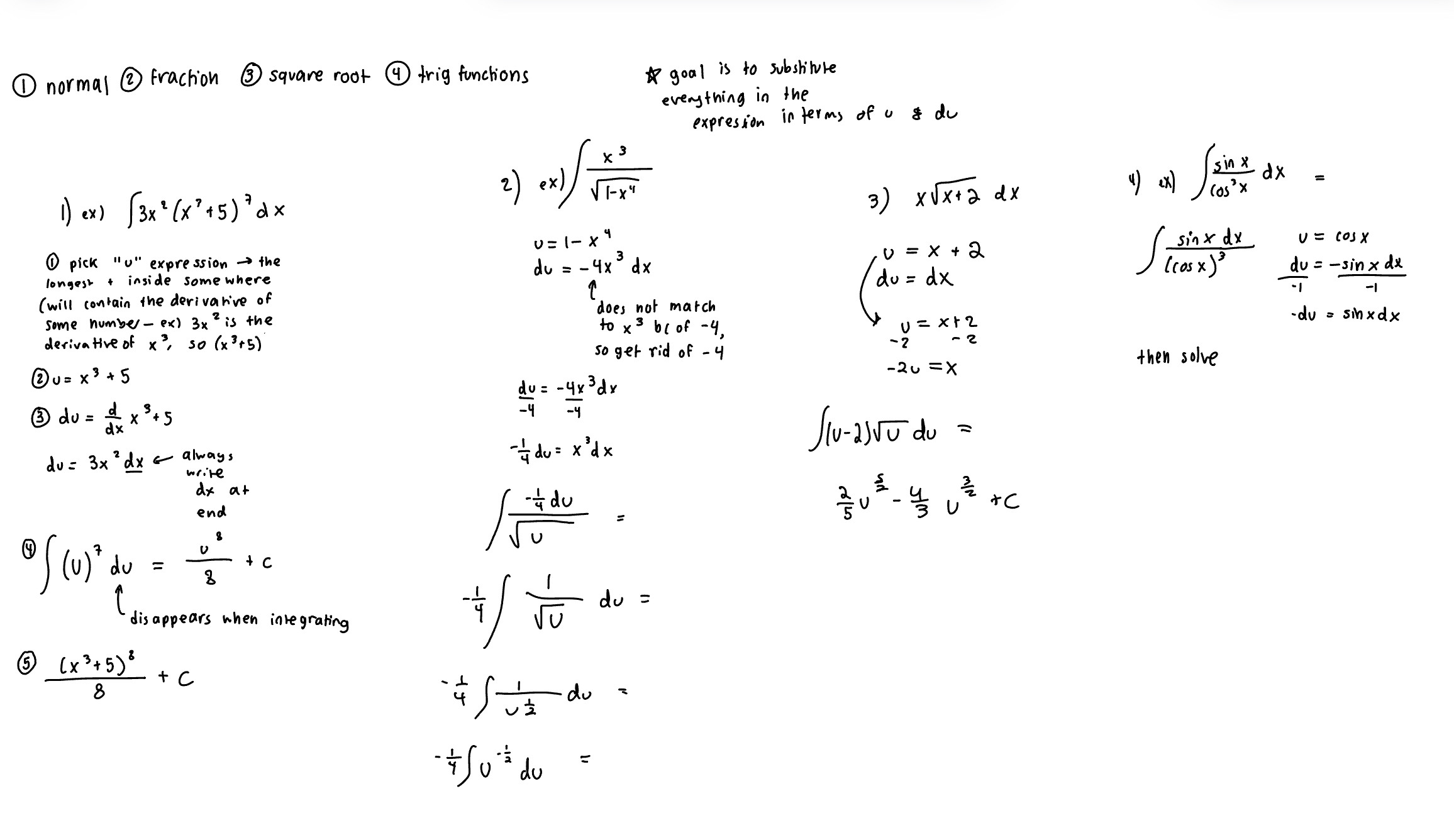 <ol><li><p>Find u (u is WHATEVER is in e, parentheses, power, etc, anything inside anything)</p></li><li><p>Find du (du is is derivative of whatever you found for u</p></li><li><p>Substitute once EVERYTHING in the equation has been substituted for u or du</p></li><li><p>Solve the integral with the u and du (IMPORANT: du VANISHES when solving for integrals, do not worry about it) + ALWAYS ADD A +C, NEVER FORGET THE +C FOR INDEFINITE INTEGRALS!!!!</p></li><li><p>replace everything back from u to the original variable/numbers </p></li></ol><p></p><p>NOTE: you might have to rearrange the u and du equations before substituting so that every number is substituted (see image for details)</p><p></p>
