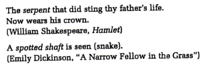 <p>the substitution of a word that relates to the object or person to be named, in place of the name itself</p>