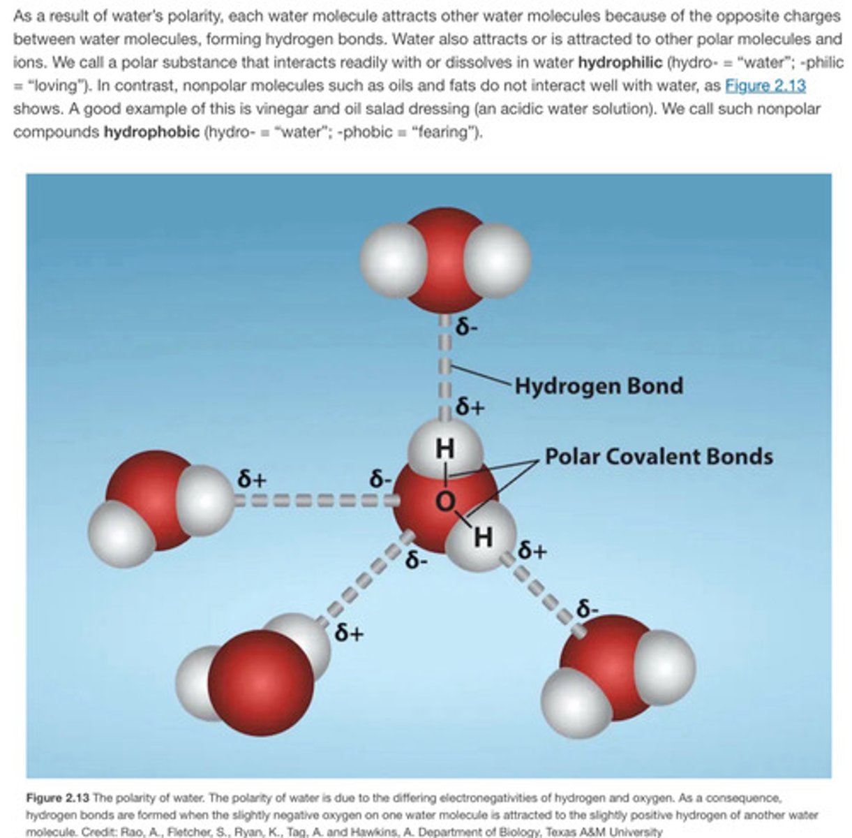 <p>It is composed of H and O which form polar covalent bonds. It does not have a net charge, but there is partial positive on H and partial negative on O because of it's polarity</p>