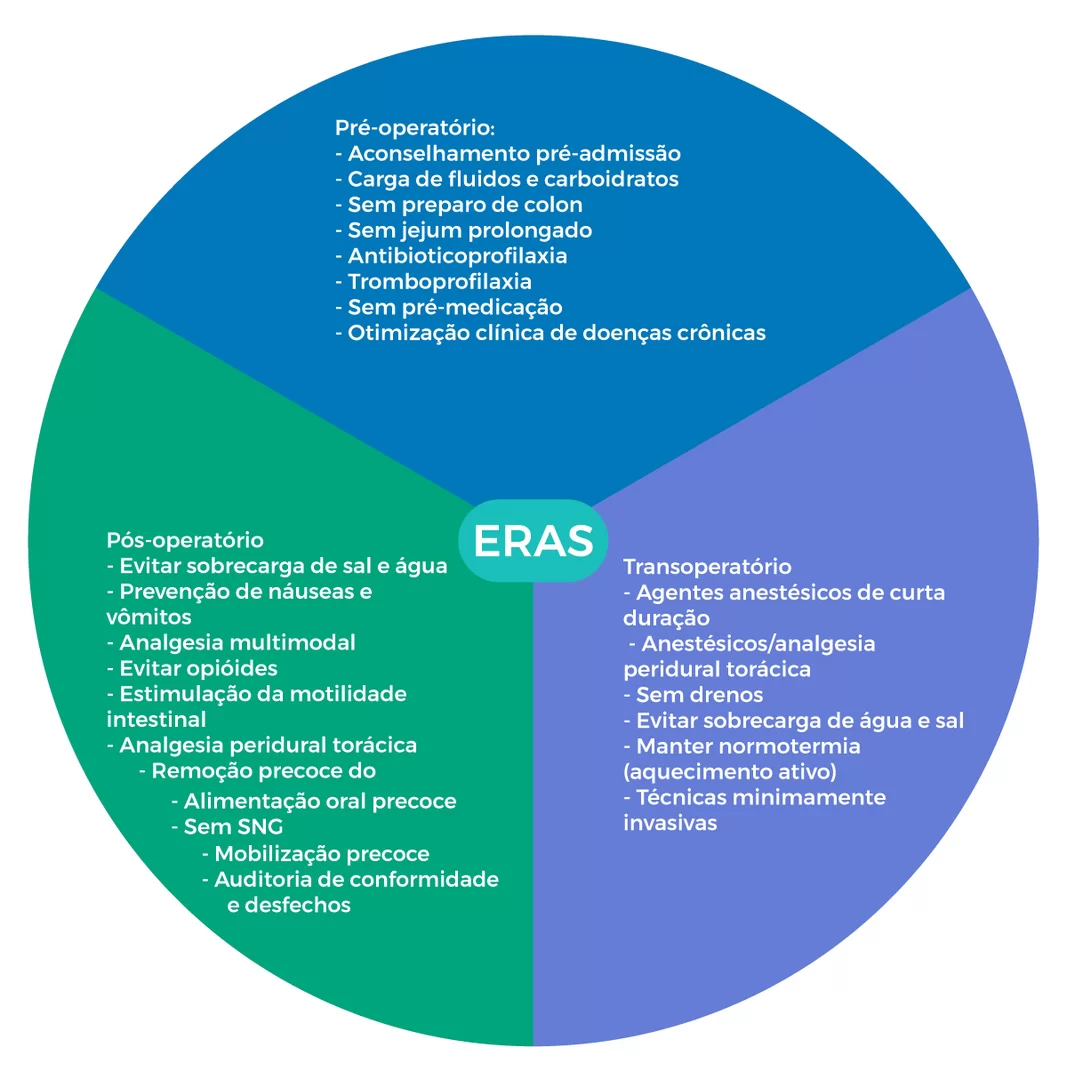 <p>auditoria </p><p>informações pré-operatórias</p><p>nutrição perioperatória </p><p>200ml solução com carbo 2-6h antes</p><p>oral líquida mesmo dia </p><p>não fazer preparo intestinal de rotina </p><p>sonda e dreno apenas se alto risco fístula (pancreatec, reto baixo)</p><p>peridural, sem opioides </p><p>procinéticos de horário </p><p>mobilização precoce </p>