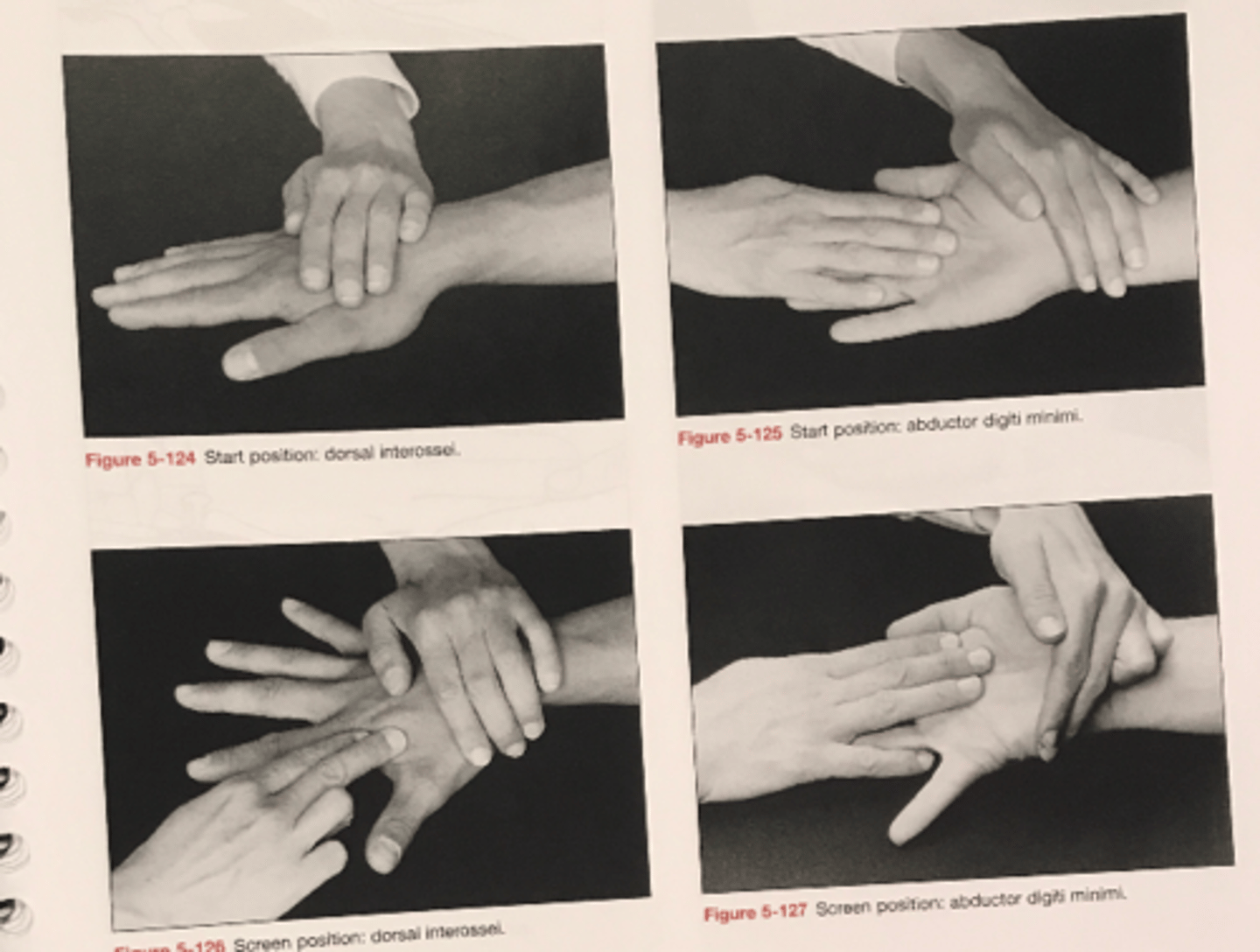 <p>Muscles: Palmar interossei (digits 2,4,5)</p><p>Patient Position: 2nd: thumb down, shoulder abducted to 90 degrees, 4th and 5th: forearm in midposition, All: digits extended and abducted</p><p>Stabilize: volar and dorsal aspects of distal metacarpal</p><p>Resistance: lateral or medial aspect of proximal phalanx relative to middle finger applying against ADD</p><p>Compensations: wrist radial for IF to MF or ulnar deviation for MF-LF</p>