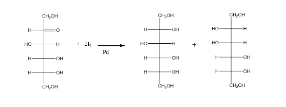 <ul><li><p>carbonyl group of ketose is reduced to a secondary alcohol</p></li><li><p>uses H2/Pd </p></li><li><p>two possible products (OH can go on either side)</p></li></ul>