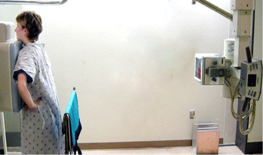 <p>posteroanterior</p><p>xray machine behind patient’s back, film receptor in front of patient</p><p>e.g. heart scan, <u>hand scans</u></p>
