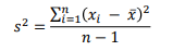 <p>donne une idée de l’écart typique entre l’échantillon et sa moyenne. Elle est définie intuitivement comme la moyenne des carrés des écarts à la moyenne, et s’obtient comme la somme des (xi − x)^ 2 divisée par n −1 : </p>