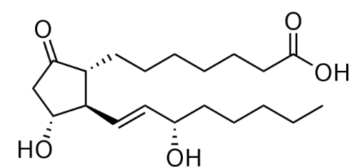 <p>(herken)</p><p></p><ul><li><p>5-ring met 2 lange ketens er op, waarvan 1 eindigt op een carbonzuur</p></li><li><p>bestaat uit 20 C’s</p></li></ul><p></p>