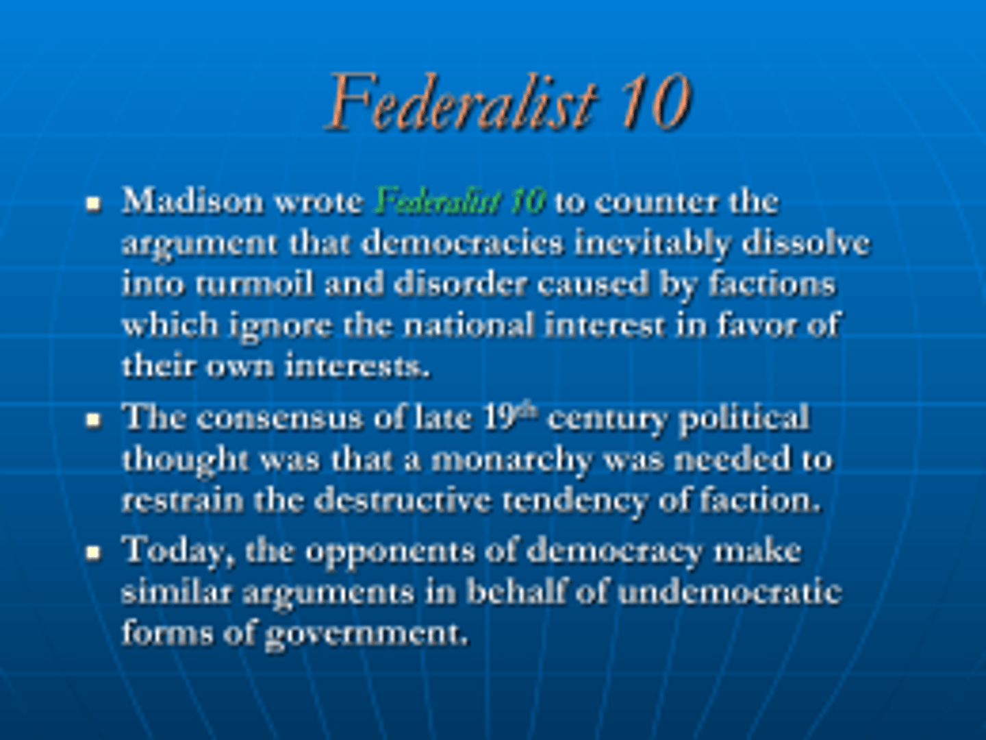 <p>Written by Madison, advocated for a large constitutional republic and feared the danger of factions.</p>