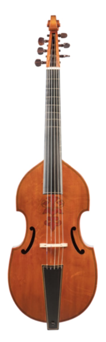 <p>similar to modern cello, but with frets, more strings &amp; tuned in 4ths (not 5ths).</p>