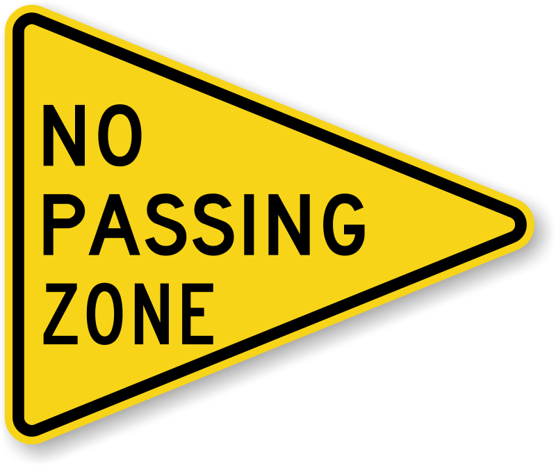 This sign is on the left side of a two-way highway. It warns of the beginning of a no passing zone.