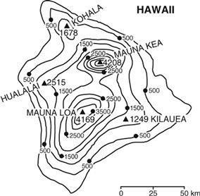 <p>The diagram below shows a topographic map of the big island of Hawaii. Which volcanic mountain is the highest?</p>
