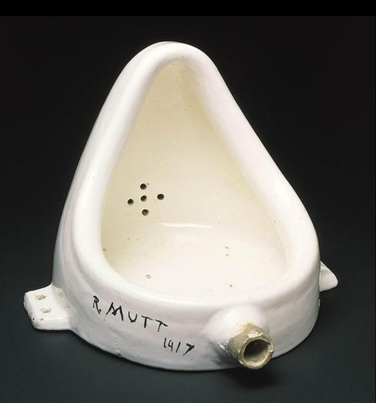<ul><li><p>Dada</p></li><li><p>urinal&nbsp;“repurposed” for art</p></li><li><p>didn’t make it himself but he “chose” it (ready made)—controversial, rejected from galleries</p></li><li><p>questions what can be considered art?</p></li></ul><p></p>
