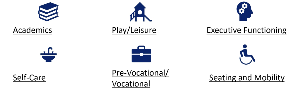 <ul><li><p>Academics</p><ul><li><p>tend to be the biggest in a school system </p></li><li><p>e.g., academic AT= for reading, written expression, handwriting, computer access, oral communication, organization and planning, and math</p></li><li><p>e.g., other AT considered on an IEP= for behavioral transitions, aerials, vocational skills, and seating and mobility, depending on the student and their needs</p></li></ul></li><li><p>Play/Leisure</p></li><li><p>Executive Functioning</p></li><li><p>Self-Care</p></li><li><p>Pre-Vocational/Vocational</p></li><li><p>Seating and Mobility</p></li></ul><p></p>