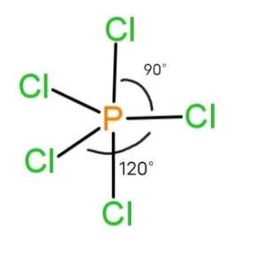 <p>Five bonded atoms, no lone pairs, and bond angles are 90° &amp; 120°, sp3d</p>