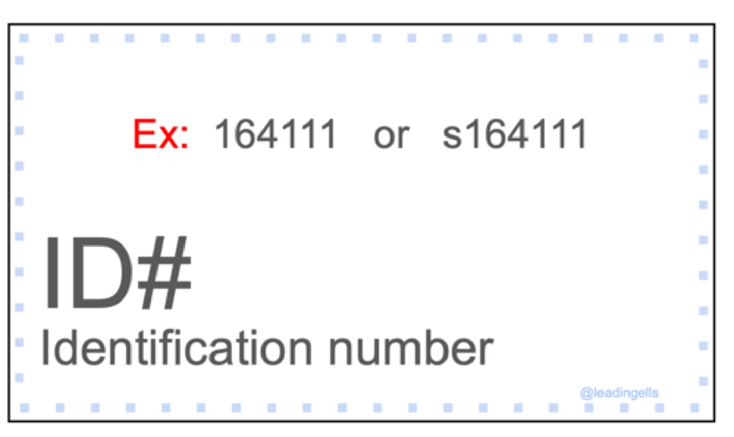 <p>Typically, the first column in a dataset.<br>A unique value for each unit of analysis (can not have the same value for different cases).<br>Examples: case numbers, name (if all unique), Medicaid ID, etc.</p>