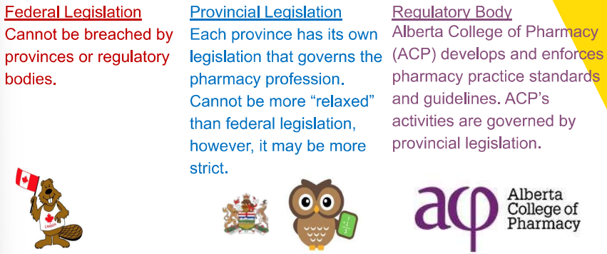 <p>What are the 3 legislations that prescribes our practice?</p>