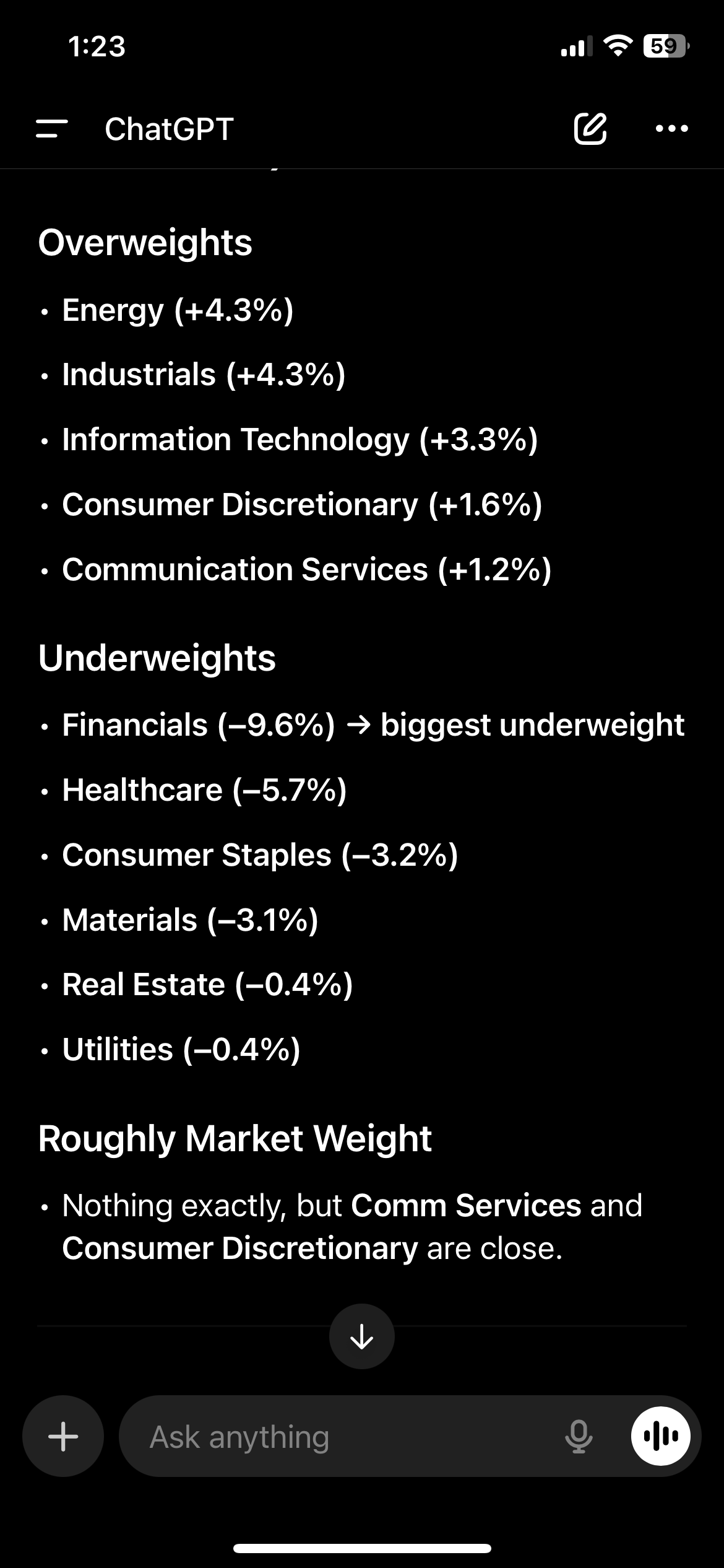 <p><span>Our portfolio tilts toward Information Technology, Industrials, and Energy because that’s where we see the most attractive risk-adjusted opportunities. Tech and Industrials capture long-term structural growth—AI, automation, reshoring—while Energy provides inflation protection and stable cash flows.</span></p><p><span>We’re underweight Financials and Healthcare because valuations look less compelling, and we prefer not to take on the cyclicality and regulatory risk currently embedded in those sectors. Our goal is to differ from the benchmark only where we believe we’re being compensated for the risk</span></p>