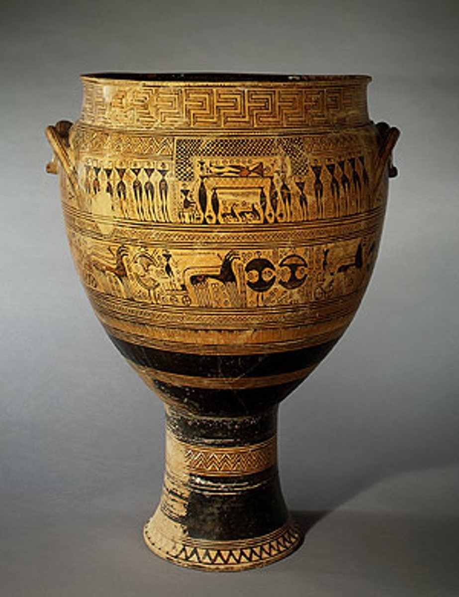 <p>a large ancient Greek bowl used for mixing water and wine</p>