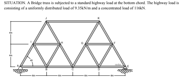 <p>For the computation of design force, apply the moving concentrated load at the truss joint only. Find the maximum vertical reaction at A.</p><p>A. 190.8</p><p>B. 140.25</p><p>C. 160.5</p><p>D. 130.6</p><p>What is the maximum ordinate of the influence line for the force developed in member JK?</p><p>A. -1.0</p><p>B. -0.50</p><p>C. 1</p><p>D. 0.5</p><p>What is the maximum force developed in member JK.</p><p>A. 88</p><p>B. 140</p><p>C. 160</p><p>D. 94</p>