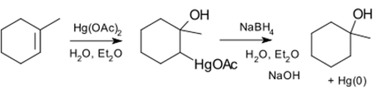 <p>-Reagents: 1) Hg(OAc)2 in H2O or THF/H2O, 2) NaBH4</p><p>-Addition of mercury compound</p><p>-Mercurinium ion intermediate intercepted by H2O</p><p>-Markovnikov addition of H2O</p><p>-Addition of H2O is anti, but reduction (NaBH4) scrambles stereochemistry, no preference</p>
