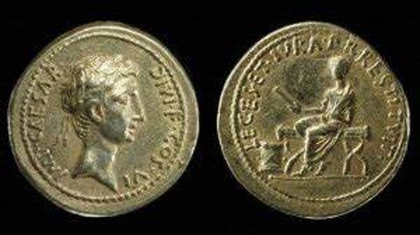 <p>28BC</p><ul><li><p><strong>Depiction</strong>: Octavian is shown seated on a <em>sella curulis</em> (curule chair), the traditional symbol of Roman magisterial authority.</p><ul><li><p>This <mark data-color="yellow" style="background-color: yellow; color: inherit;">reinforces his image as a lawful magistrate</mark> rather than a military dictator.</p></li></ul></li><li><p><strong>Restoration of Law</strong>: He is depicted holding a scroll (<em>volumen</em>), representing the return to civil administration and <mark data-color="yellow" style="background-color: yellow; color: inherit;">the rule of law</mark>.</p></li><li><p><strong>Legend/Inscription</strong>: Features the text 'LEGES ET IURA P. R. RESTITUIT' (<mark data-color="yellow" style="background-color: yellow; color: inherit;">He restored the laws and rights to the Roman people</mark>).</p></li><li><p><strong>Political Context</strong>: Issued during his sixth consulship, the coin is a key piece of propaganda used to signal the end of the Triumviral period and the supposed <mark data-color="yellow" style="background-color: yellow; color: inherit;">restoration of the republic</mark></p></li></ul><p><span><span><br></span></span></p>