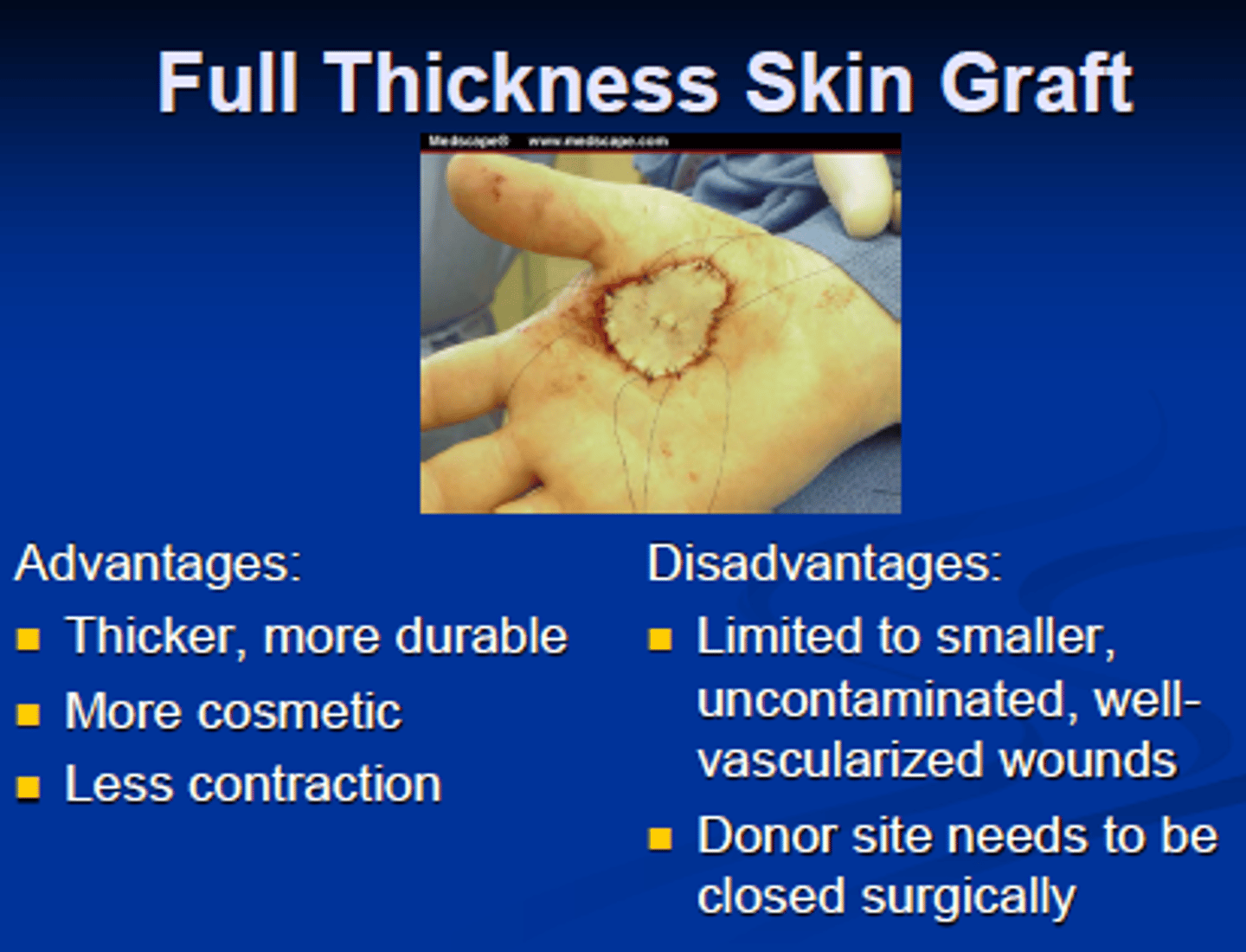 <p>split thickness - just epidermis and some dermis, heals spontaneously <2 weeks</p><p>full thickness - all layers of dermis, donor needs to be covered with its own split thickness graft</p>