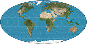 <p>A projection of a map of the world onto an ellipse, with lines of latitude represented by straight lines (spaced more closely toward the poles) and meridians represented by equally spaced elliptical curves. This projection distorts shape but preserves relative area.</p>