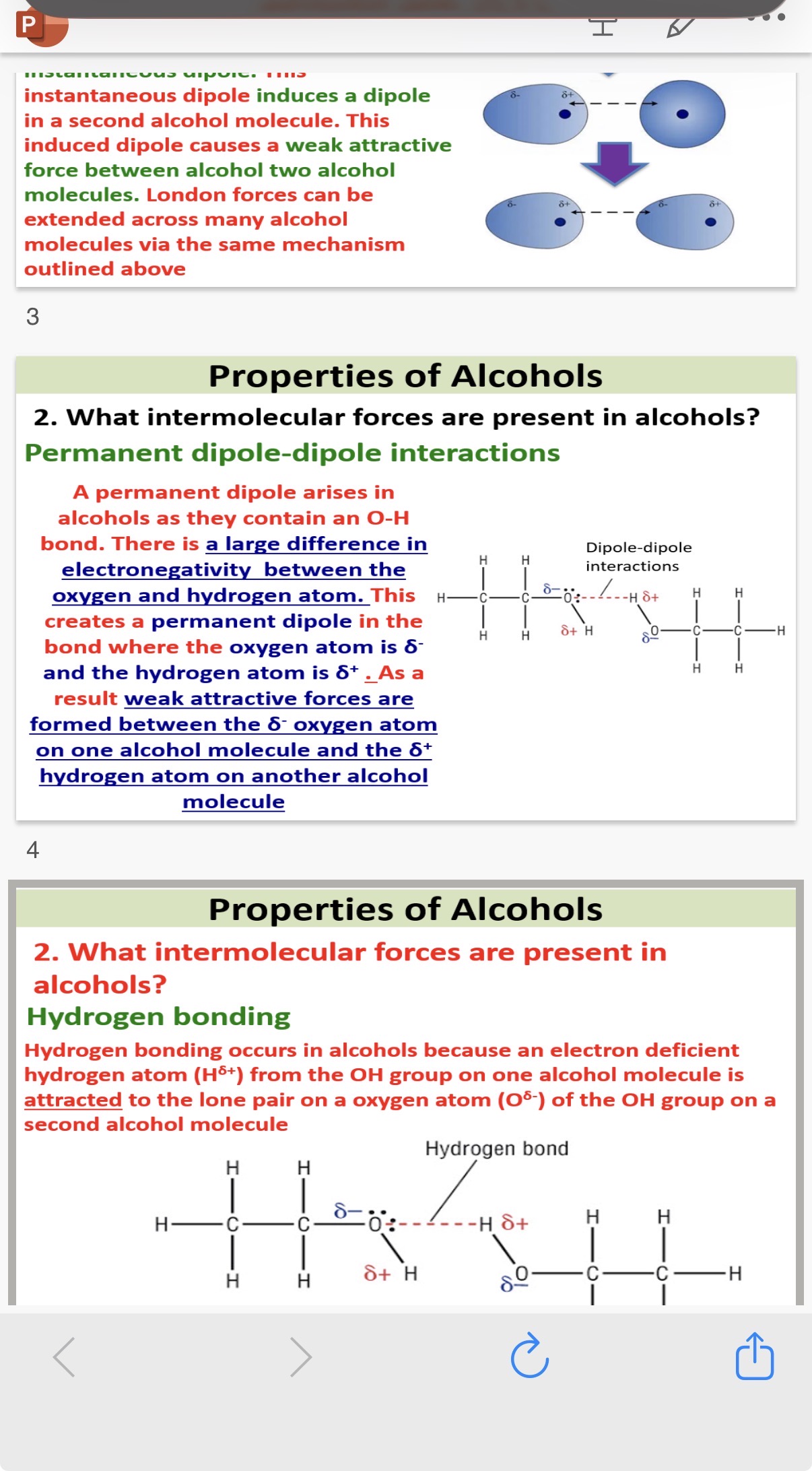 <p>Alcohols and production:</p><p>1.What is 1st ionisation energy?</p><p>2.All 3 types of intermolecular forces are present in alcohols(Van der waals,Permanent dipole-dipole interactions,Hydrogen bonding).Explain all 3 in alcohols?</p><p>Note-Hydrogen bonding is the strongest</p><p>Solubility of alcohols:</p><p>•Water is a …3? molecule and the OH group in alcohols are also polar.</p><p>•An attractive force is formed between the electron deficient hydrogen atom (H°+) in a water molecule and the lone pair of the oxygen atom in the OH group of the alcohol.</p><p>4.Small alcohols such as methanol,ethanol and propanol are soluble in water. Explain why these are soluble in water and longer chain alcohols are not soluble in water?</p><ol start="5"><li><p>As alcohols get larger, they become…</p></li></ol><p></p>
