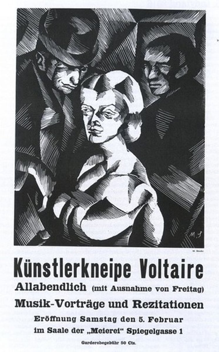<p>zapowiedź dadaizmu, kryzys reprezentacji</p><p>dadaizm europejski - Zurych</p><p>członkowie Cabaret Voltaire: V. Eggeling; E. Hennings; R. Huelsenbeck; H. Richter; M. Janco; T. Tzara; H. Arp; S. Taeuber-Arp</p>