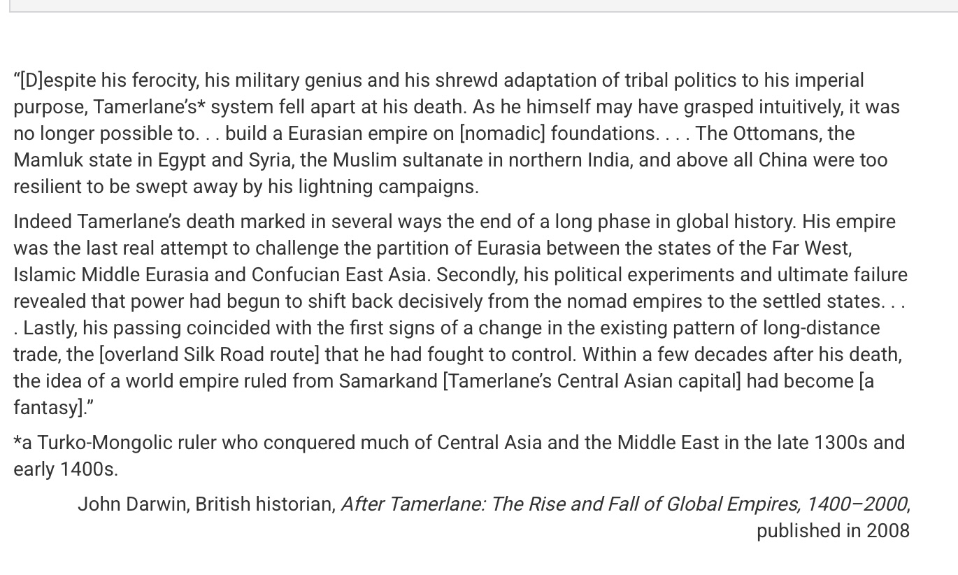 <p>Which of the following most strongly contributed to the shift of power from nomadic empires to settled states that Darwin identifies in the second paragraph?</p>