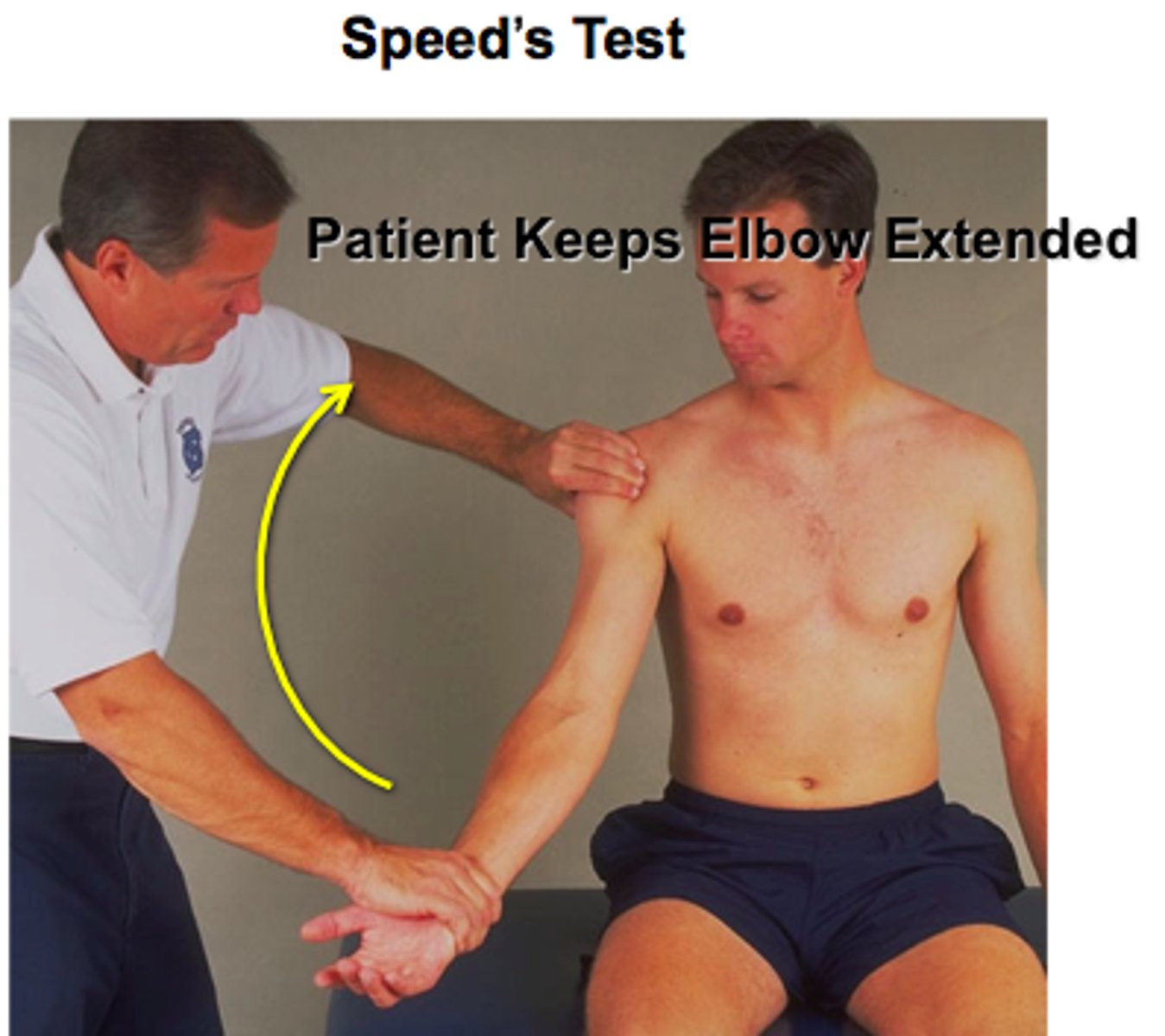 <p>*biceps tendonitis</p><p>- Pain elicited in the bicipital groove when the patient attempts to forward elevate shoulder against examiner resistance while the elbow extended, and forearm supinated</p><p>- Positive if the pain is reproduced</p><p>- May also be positive in patients with SLAP lesions</p>