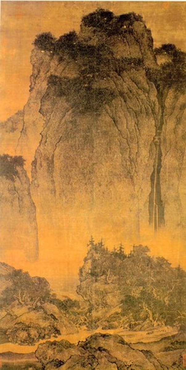 <p>Fan Kuan</p><p>c. 1000 CE</p><p>Form: Ink and color on silk</p><p>Function: A personal expression artwork, a complex landscape scene</p><p>Kuan created a complex landscape scene with ink on a silk scroll that is almost seven feet in length. The mountains in the background dominate the scene. Kaun rejected traditional court art, and focused on creating works not to sell, but rather for personal expression. Artists moved by these motives were called Literati.</p>