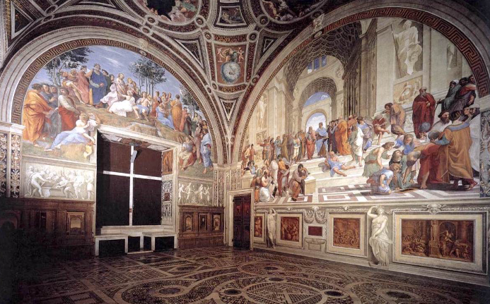 <p>Two of the four frescos Raphael painted, The Parnassus, left, 1509-10, and The School of Athens, right, 1510-11. </p><p>Raphael was called to Rome in 1508 by Pope Julius II to decorate what was then the pope’s library at the Vatican Palace (now the Stanza della Segnatura, Room of the Signature). The frescos represent the four areas of knowledge as conceived in the 16th century, theology, philosophy,<br>the literary arts, and justice. Together, they are a summation of High Renaissance humanism in uniting humanist classical learning, what was understood about the world through reason and science, with the teachings of the Church, God and the divine.</p>