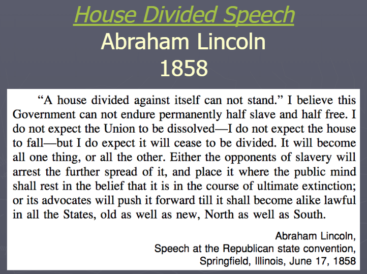 <p>(Topic 5.6) House Divided Speech</p>