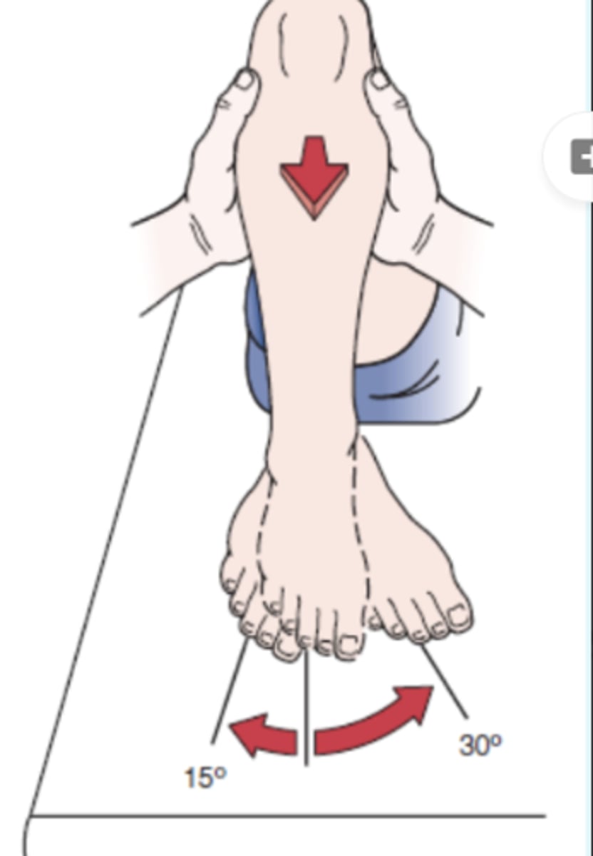 <p>- assess both anteromedial and anterolateral rotary instabilities</p><p>Procedure:</p><p>- The patient's knee is flexed to 80° or 90°, and the hip is flexed to 45°. The foot is first placed in 30° medial rotation. The examiner then sits on the patient's forefoot to hold the foot in position and draws the tibia forward; if the test is positive, movement occurs primarily on the lateral side of the knee. This movement is excessive relative to the unaffected side and indicates ALRI.</p><p>In the second part of the test, the foot is placed in 15° of lateral rotation, and the tibia is drawn forward by the examiner. If the test is positive, the movement occurs primarily on the medial side of the knee. This movement is excessive relative to the unaffected side and indicates anteromedial rotary instability</p>