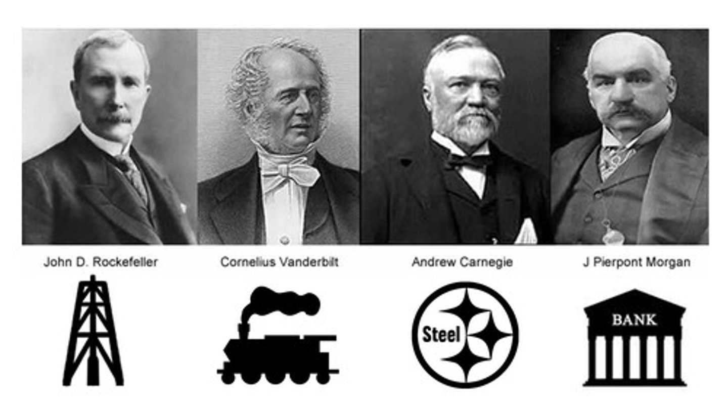 <p>leaders of big business/ industries such as John D. Rockefeller, Andrew Carnegie, Cornelius Vanderbilt</p>