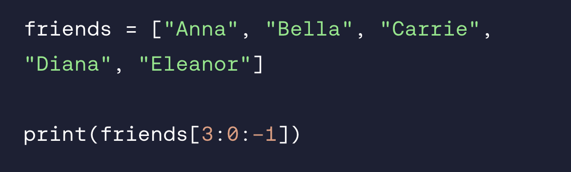 <p>What happens if the step value in a list slice is negative?</p>