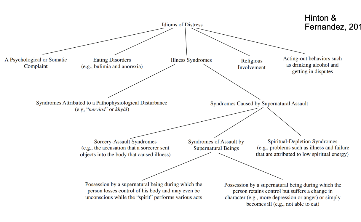 <p><mark data-color="green" style="background-color: green; color: inherit;">Idioms of distress</mark></p><ul><li><p><strong>Culturally patterned, recognizable ways of expressing stress, trauma, or emotional difficulty&nbsp;</strong></p></li><li><p>A bridge between <strong>mind, body and culture&nbsp;</strong></p></li><li><p><strong>Expressions</strong> that combine <strong>somatic, emotional, interpersonal, and spiritual </strong>meanings&nbsp;</p></li></ul><p><mark data-color="red" style="background-color: red; color: inherit;">They can appear as:</mark></p><ul><li><p><strong>Physical symptoms</strong> (“my heart is hot,” headaches, weakness)</p></li><li><p><strong>Behavior patterns</strong> (withdrawal, drinking, fighting)</p></li><li><p><strong>Spirit or supernatural explanations/ religious experience (</strong>possession, trance states, rituals)</p></li><li><p><strong>Sociocultural constructs</strong> (e.g., “nervios,” evil eye, spirit loss)</p></li></ul><p></p>