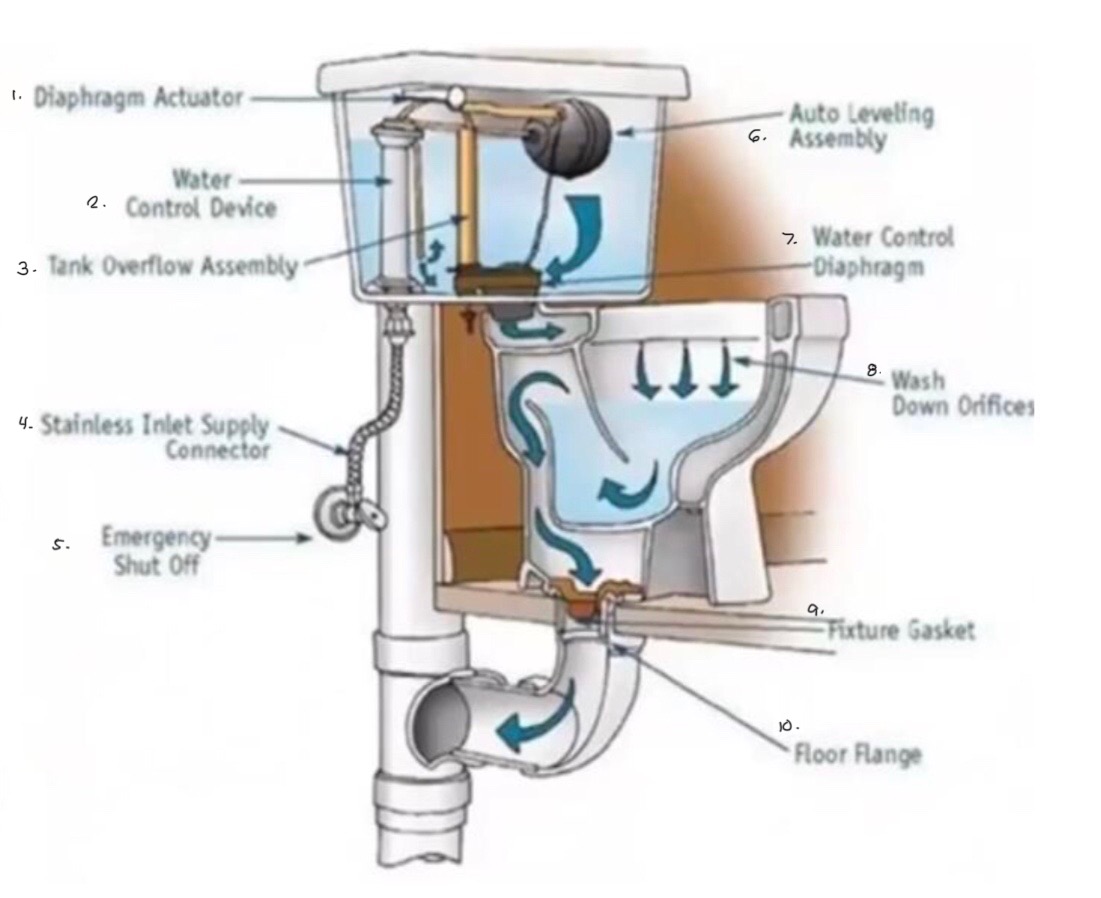 <ol><li><p>Diaphragm Actuator</p></li><li><p>Water Control Device</p></li><li><p>Tank Overflow Assembly</p></li><li><p>Stainless Inlet Supply Connector</p></li><li><p>Emergency Shut Off</p></li><li><p>Auto Leveling Assembly</p></li><li><p>Water Control Diaphragm</p></li><li><p>Wash Down Orifices</p></li><li><p>Fixture Gasket</p></li><li><p>Floor Flange</p></li></ol><p></p>