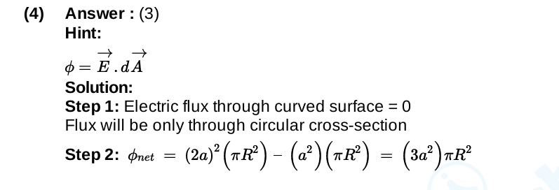 <p>flux= E.dA</p><p>E=x² hai to E=x2² - x1²</p><p>E= 4a²-a² = 3a²</p><p>A= pie R²</p>